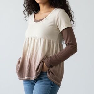 SO Scoop Neck Two-Tone Long Sleeve Women's Babydoll Top Brown/Cream Size L Y2K